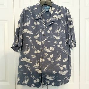 TropiCool Size XLG Dusty Blue Button Up Beachy Print Blouse